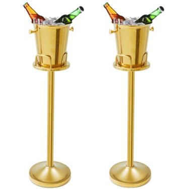Imagem de Lallisa Balde de gelo de vinho de 2 peças com suporte de aço inoxidável para cubo de gelo champanhe em pé no suporte para cerveja KTV Club Bar churrasco casamento 91 cm 5L (ouro)
