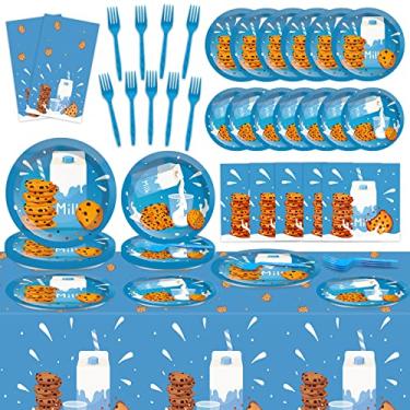 Imagem de Qyeahkj Milk and Cookies Kit de utensílios de mesa para 25 convidados Leite e biscoitos pratos de papel de festa de aniversário guardanapos toalhas de mesa decorações lembrancinhas para chás de bebê casamentos