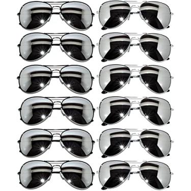 Imagem de Owl Pacote com 12 óculos de sol aviador, lentes espelhadas, preto, prata, armação dourada, Espelho preto, espelhado prateado