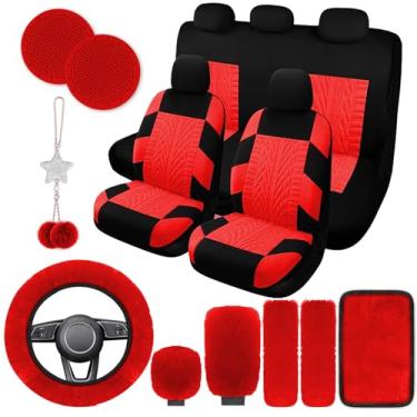 Imagem de JINGSEN Conjunto completo de 17 capas de assento de carro para mulheres, capa de assento de carro universal, capa de volante de pelúcia, engrenagem de freio de mão de lã macia fofa, acessórios de