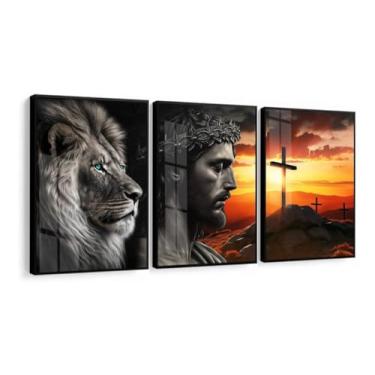 Imagem de Quadro Decorativo Jesus cristo leão cruz religioso sala com Moldura vidro (Moldura Preta, 40x60, Com Vidro)