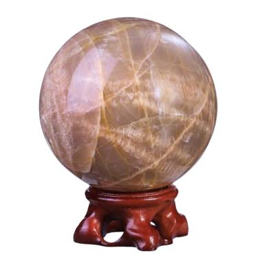 Imagem de Rockcloud Bola de cristal de pedra da lua laranja natural com suporte de resina, escultura de bola decorativa de esfera de cristal polido para meditação Fengshui decoração de casa, 7 a 8 cm