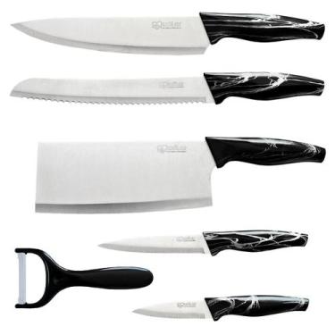 Imagem de Kit Jogo Facas 6 peças Inox Descascador Churrasco Cozinha Cabo Premium