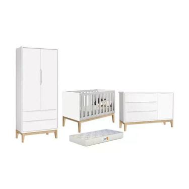 Imagem de Dormitório Classic 2 Portas Cômoda Com Porta Branco Com Pés Madeira Natural E Colchão D18 Reller Móveis Branco