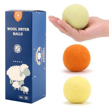 Imagem de Bolas de secagem de lã feitas à mão pacote com 3 GG, bolas orgânicas para secar roupa, amaciante de tecido natural 100% lã da Nova Zelândia, reutilizável com 1000 cargas, sem rugas, encurta o tempo de