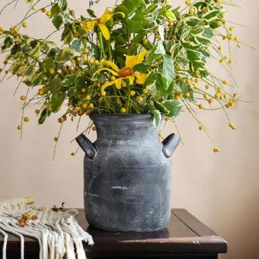Imagem de Quoowiit Vaso rústico de cerâmica, vasos de flores decorativos envelhecidos para decoração de casa, decoração de prateleira ideal, vaso boho cinza para sala de estar, quarto, cozinha, escritório