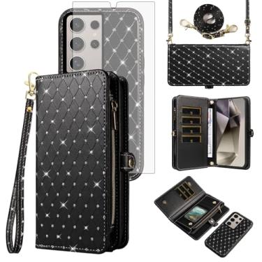 Imagem de Asuwish Capa de celular para Samsung Galaxy S24 Ultra 5G Carteira com zíper destacável com protetor de tela de vidro temperado, alça flip com glitter, compartimento para cartão S24Ultra 24S S 24