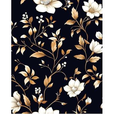 Imagem de Papel de parede dourado azul escuro descasque e cole papel de contato floral branco à prova d'água autoadesivo vintage flor dourada para quarto, bancada, armários de mesa, decoração 44 x 299 cm,