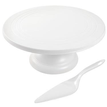 Imagem de ECOWAY Suporte de bolo de fibra de bambu de 12 polegadas com espátula de bolo, suporte de cupcake redondo preto, suporte de sobremesa grande, suporte de exibição de decoração de bolo para fe