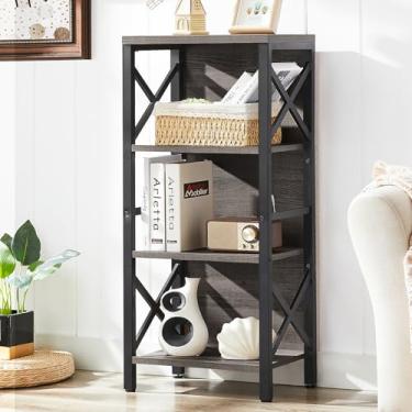 Imagem de MNEETRUNG Estante de livros pequena, estante industrial de 4 camadas com moldura de metal e encosto, prateleira de livros rústica estreita, capa para pequenos espaços, sala de estar, quarto e