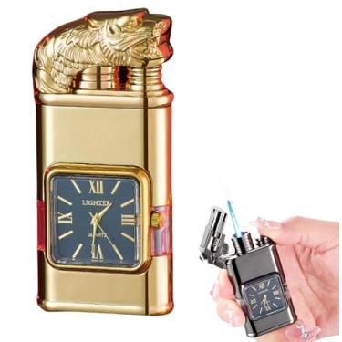 Imagem de Isqueiro Vintage com Relógio de Quartzo, Chama a Jato, Resistente ao Vento (dourado2)