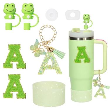 Imagem de Liangang Conjunto de 8 peças de acessórios de copo verde para Stanley 850 g 1,134 g, incluindo bota, tampa à prova de derramamento, 2 peças de capa de canudo Stanley e 2 peças de letras adesivas