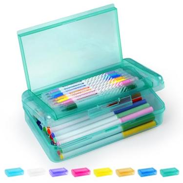 Imagem de Sooez Caixa de lápis de camada dupla, organizador grande de estojo rígido, caixa de giz de cera de plástico transparente para meninas e meninos, organizador de marcadores coloridos, pequenos