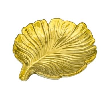 Imagem de Saboneteira de banheiro com folha dourada, suporte de saboneteira de cerâmica em estilo folha de palmeira, design autodrenante e usado para guardar vários acessórios pequenos de banheiro e cozinha