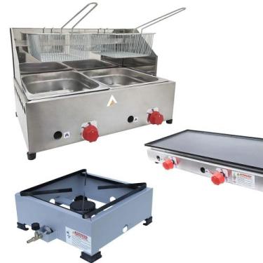 Imagem de Kit Lanchonete Fogão Portátil 1 Boca + Chapa 90cm e Fritadeira Profiss