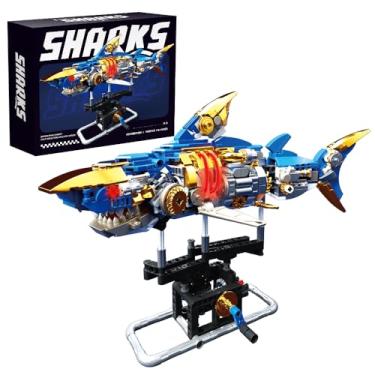 Imagem de RiceBlock Conjunto de blocos de montar tubarão, criaturas marinhas, animais marinhos, blocos de montar com suporte de exibição e luz, brinquedos STEM para crianças e adultos que cruzam os amantes do