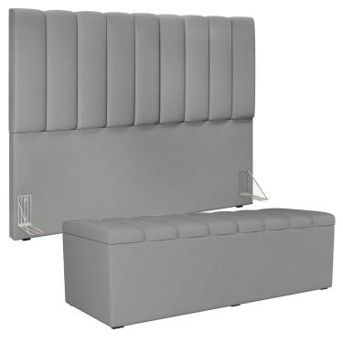 Imagem de Kit Cabeceira Cama Box Casal King 195cm Com Calçadeira Baú Dália W01 Facto Cinza - Lyam