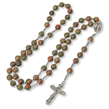 Imagem de Nazareth Store Unakite Contas de pedra de ágata rosário colar de prata antiga bonés de metal contas glória medalha milagrosa e crucifixo de Jesus, Large, Zinco, Sem Pedra Preciosa