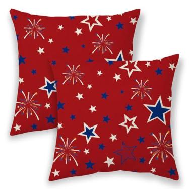 Imagem de Capas de almofada de 4 de julho 56 x 56 cm, almofadas decorativas ao ar livre patrióticas para sofá, capa de almofada decorativa de estrela branca azul 2 peças, fronha de linho com bandeira americana