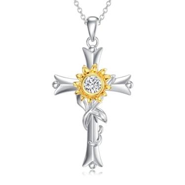 Imagem de WTIYM Colar de cruz de girassol com diamante moissanite, banhado a ouro 18 K, colar de cruz, colar de girassol, joia de girassol para mulheres, presentes de aniversário para sua mãe, esposa, 45,7 cm +