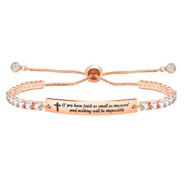Imagem de Uloveido Pulseira Fashion Faith Over Dear - Pulseira de tênis ajustável com fecho bolo, para meninas e mulheres, hipoalergênica, banhada a ouro branco, zircônia cúbica, presente Y4390, Adjustable
