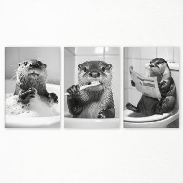 Imagem de sdgobvco Arte de parede em tela de banheiro com animais engraçados, 3 peças, pôster de banheiro preto e branco, linda impressão de imagem de lontra para tomar banho e escovar os dentes, lontra