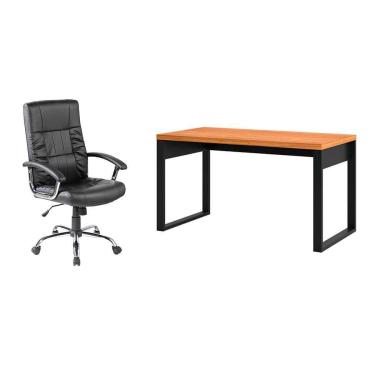 Imagem de Conjunto de Mesa Anah Freijó com Cadeira de Escritório Presidente Giratória com Relax Office Plus Preta
