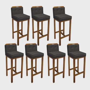 Imagem de Kit 07 Banqueta Alta Com Encosto Agnes Cozinha Balcão Bistrô Base Madeira Rústico Suede Cinza - Ahz Móveis