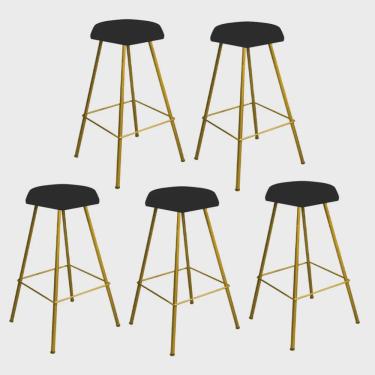 Imagem de Kit 05 Banqueta Alta Lari Eiffel Hexágono Bancada Bar Balcão Bistrô Ferro Dourado Corino Preto - Ahz Móveis