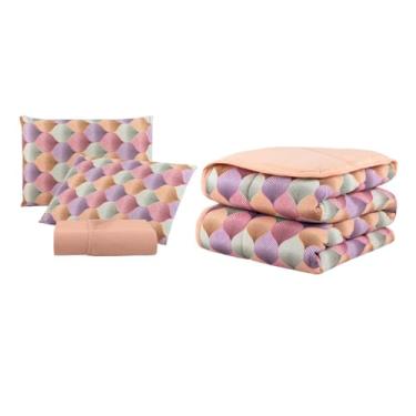 Imagem de Kit Edredom de Malha 100% Algodão Dupla Face com Viés com Jogo de Lençol e Fronha com Zíper Estampados (Solteiro, Folhas)