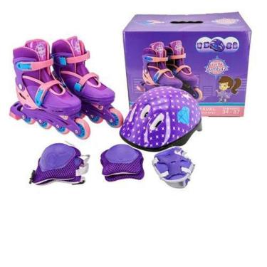 Imagem de Patins Infantil Roxo Com Kit De Proteção Tamanho 34 Ao 37