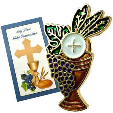 Imagem de Conjunto de alfinetes de cálice de primeira comunhão com cartão de oração sagrada e saco de presente, Small, Metal, Sem Pedra Preciosa