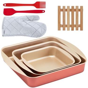 Imagem de Assadeira Quadrada 03 Pçs + Descanso Panela + Luva + Pincel - Marcolar