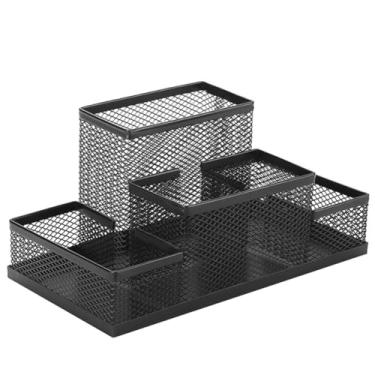 Imagem de Porta-lápis organizador de mesa de malha metálica multifuncional para armazenamento de escritório doméstico preto, cestas de papelaria de malha