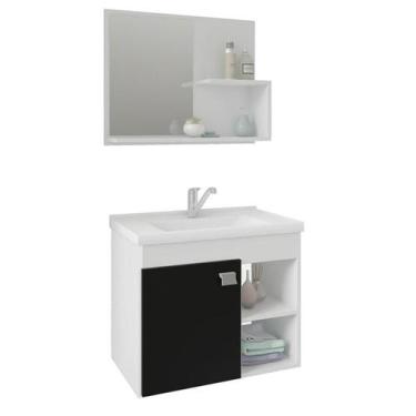 Imagem de Gabinete de Banheiro com Cuba e Espelheira Lotus 55cm Branco/Preto - M
