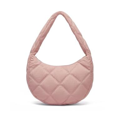 Imagem de Sacola acolchoada feminina pequena bolsa de ombro com zíper bolha inchada Hobo bolsa de mão bolsa de mão bolsa de mão bolsa de mão, rosa, Large