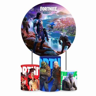 Imagem de Kit Painel de Festa Redondo de 1,30m e Trio de Cilindros Fortnite - Fera Print