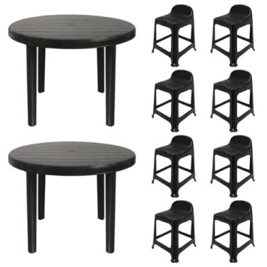 Imagem de 2 Mesas Redondas Desmontáveis de Plástico 94cm Preta + 8 Banquetas Com Encosto
