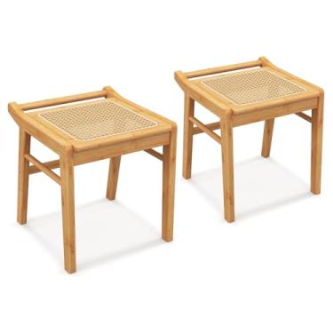 Imagem de CHARMAID Conjunto de 2 bancos, descanso de pé otomano de bambu com assento de vime, almofadas antiderrapantes, banco de cadeira de maquiagem para entrada de quarto e sala de estar, capacidade 120 kg,