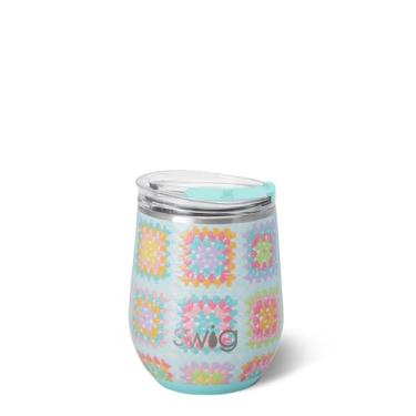 Imagem de Swig Life Copo de vinho de 340 g com tampa, aço inoxidável, lavável na lava-louças, portátil, copo de vinho com isolamento triplo (Granny Squares)