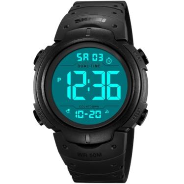 Imagem de PASOY Relógio digital masculino feminino grande luz LED natação impermeável pulseira de borracha alarme preto LED relógios 50 mm, Mostrador preto e branco, Esportivo