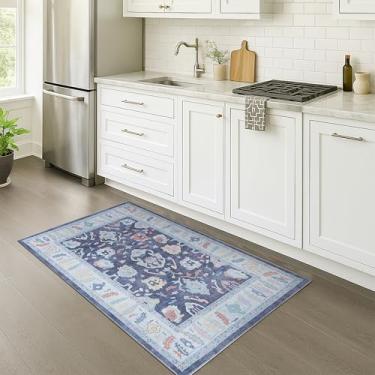 Imagem de Fame Rugs Tapete Oushak moderno 2x3, vintage turco azul marinho oriental inspirado na antiguidade, tapetes laváveis, dobráveis e luxuosos para sala de estar (388 NB, 5 cm x 7 cm)
