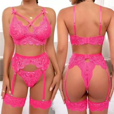 Imagem de Conjunto de Lingerie com Decote em V e Cinta-Liga ElaShopp, Rosa, M