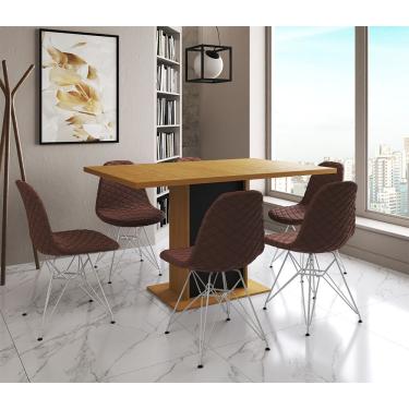 Imagem de Mesa Jantar Londres Retangular Canela 137X90 Base Preta 6 Cadeiras Estofadas Caramelo Ferro Branco