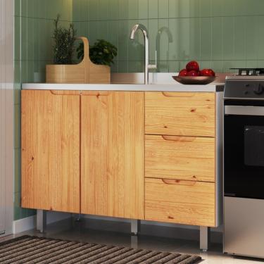 Imagem de Balcão Para Pia 120Cm Sem Tampo 2 Portas 3 Gavetas Madeira Maciça/Mdf Ikigai Branco/Carvalho