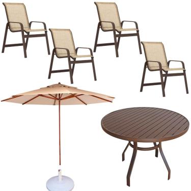 Imagem de Conjunto Lótus Com Mesa 90cm Ripada 4 Poltronas Ombrelone 3,00m Com Base Marrom claro