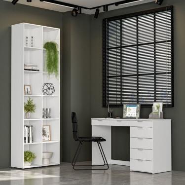 Imagem de Kit 2 Peças Escrivaninha 120 Cm 7 Gavetas Com Estante Multiuso 12 Nichos Caracol Branco