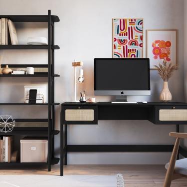 Imagem de Kit 2 Peças Com Escrivaninha 2 Gavetas E Estante Palhinha Pé Madeira