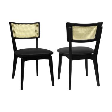 Imagem de Kit 2 Cadeiras Fendy Madeira Maciça Encosto Telinha Assento Estofado Corano Preto