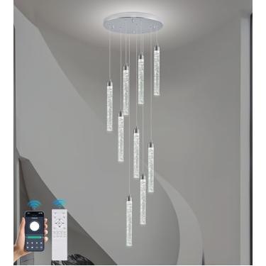 Imagem de Upfelw Lustre De Cristal Para Escada, Moderno Cromado Grande Em Espiral Com Leds Reguláveis Formato Gota Chuva, Luminária Pendente Sala Estar 9 Controles Remotos